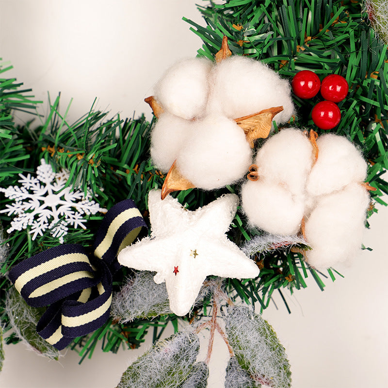 Cotton Bloom Christmas Wreath — striped bow and star details
